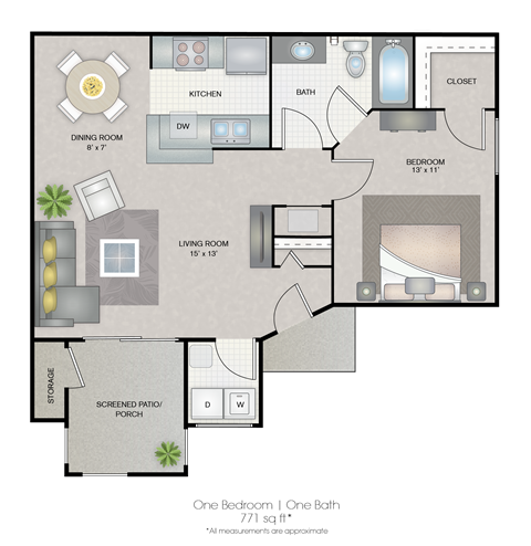 Floor plan for 1 bed, 1 bath, 770 sqft